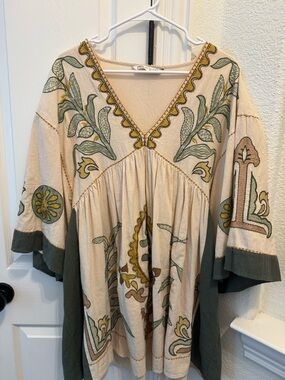 Zara Cream Boho Tunic Dress with Green and Mustard Embroidery